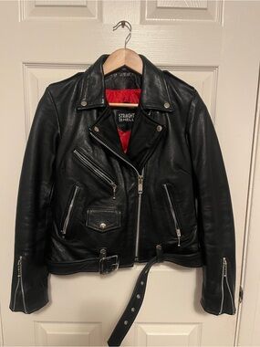 Straight to Hell black leather jacket with red lining